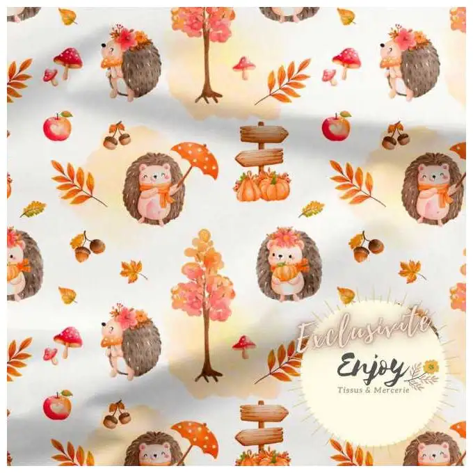 Tessuto French Terry Animali del Bosco Riccio Arancione venduto al metro