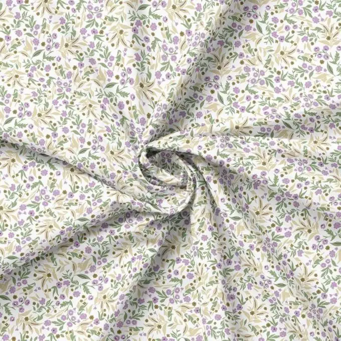 Tessuto popeline cotone mini fiore lilla ecru