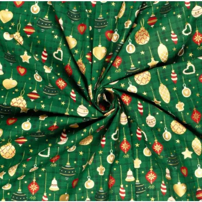 Tessuto cotone natalizio stampato decorazione dorato sfondo tartan verde