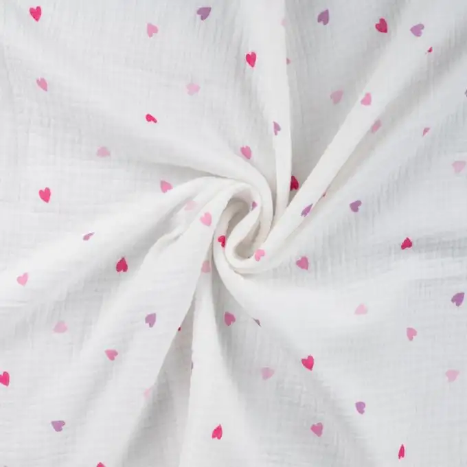 Tessuto doppio gaze stampato cuore rosa bianco