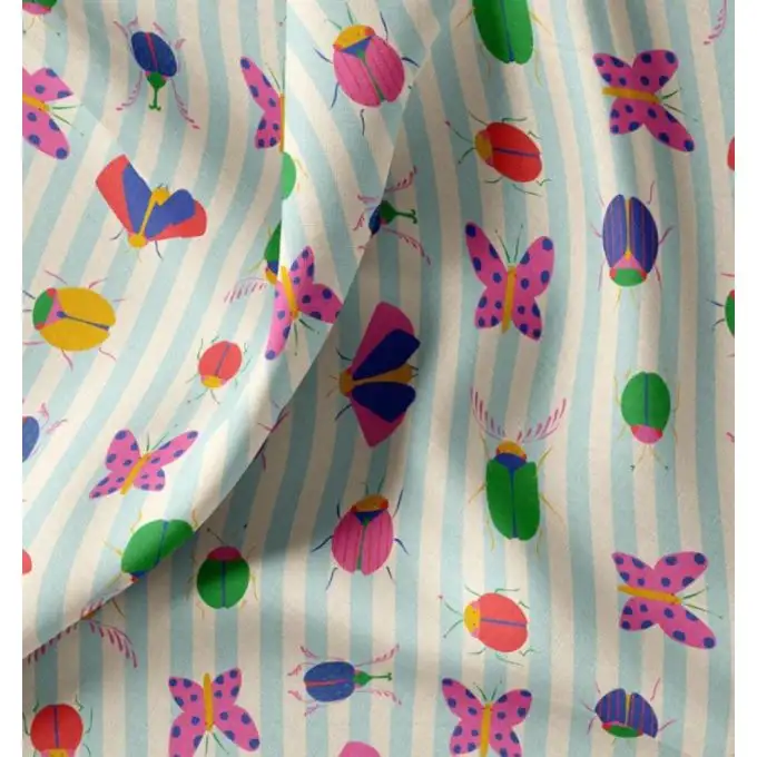 Tessuto cretonne stampato insetto pop a righe blu