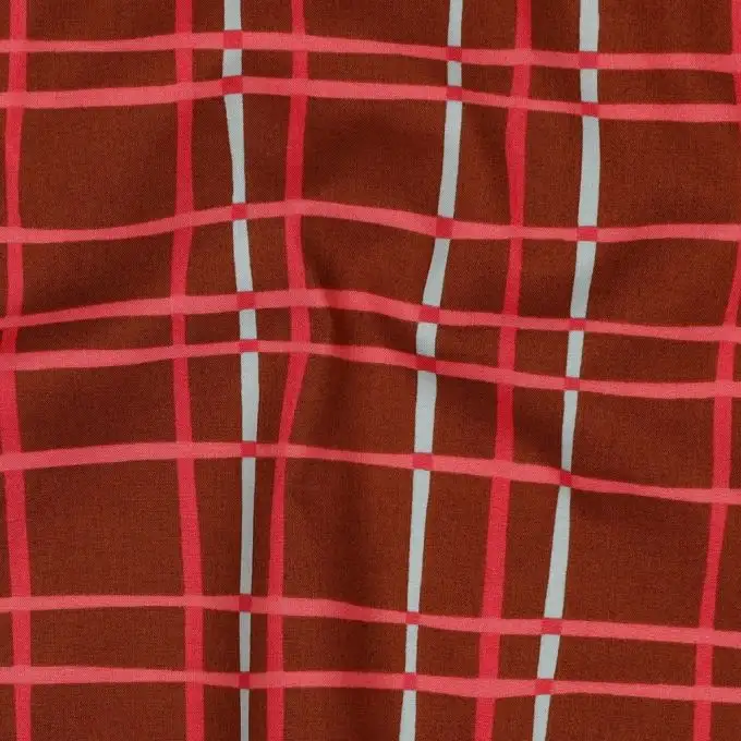 Tessuto popeline a scacchi irregolari marrone e rosso - Poppy Fabrics