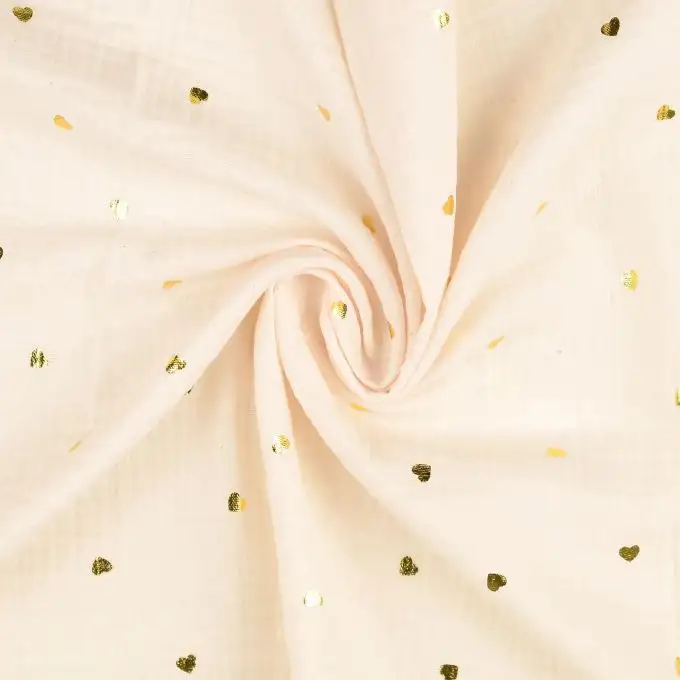 Tessuto doppio gaze foil stampato cuore ecru