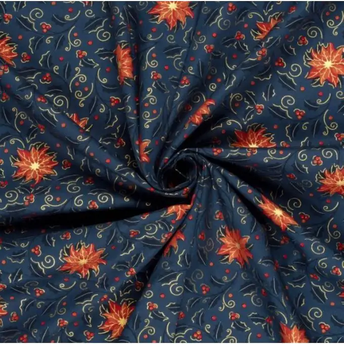 Tessuto cotone natalizio poinsettia dorato blu