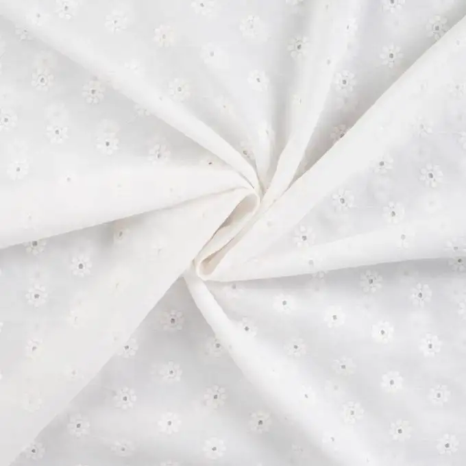 Tessuto cotone ricamato piccola margherita ecru