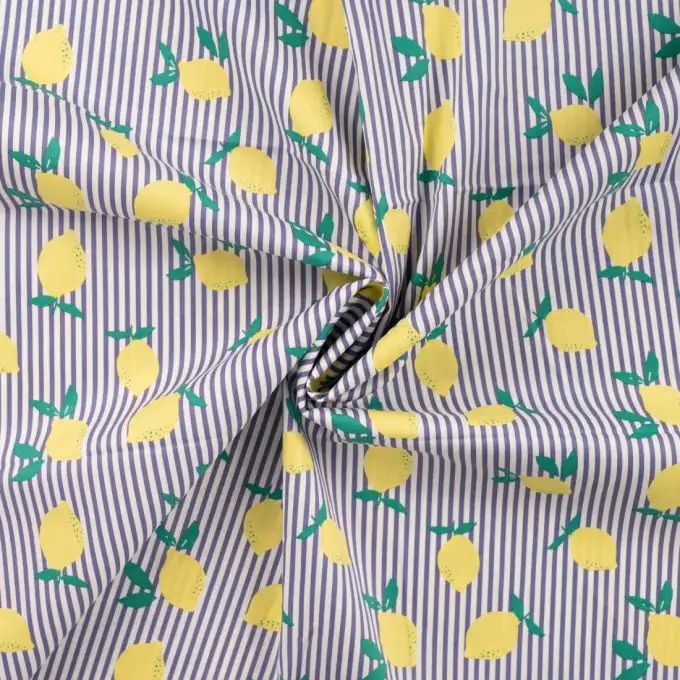 Tessuto cotone elasticizzato a righe stampato limoni multicolore