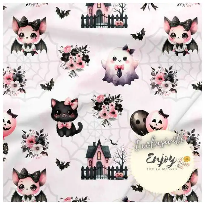 Tessuto Jersey Halloween Fantasmi Rosa venduto al metro