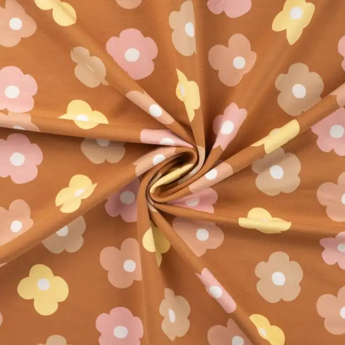 Tessuto french terry stampato fiore grande naïf multicolore marrone