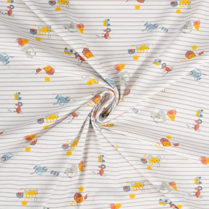 Maglia jersey cotone stampata trattori fondo rigato ecru