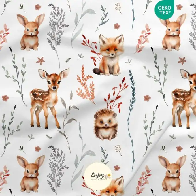 Tessuto French Terry Animali della Foresta Volpe beige venduto al metro