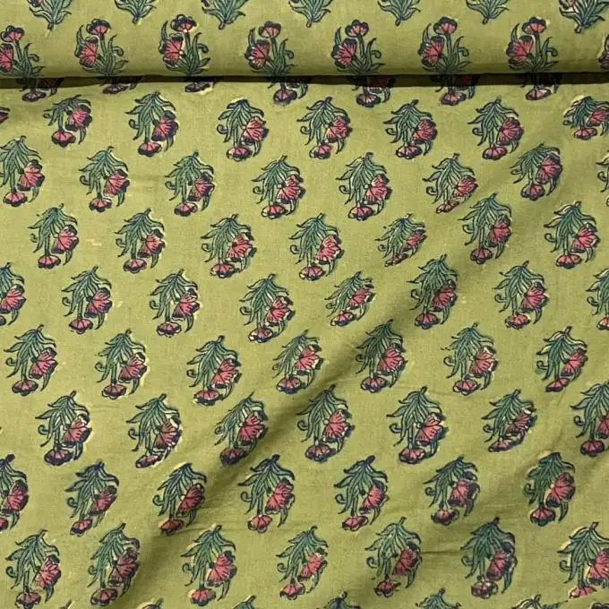 Tessuto voile di cotone stampa block print fiore indiano verde