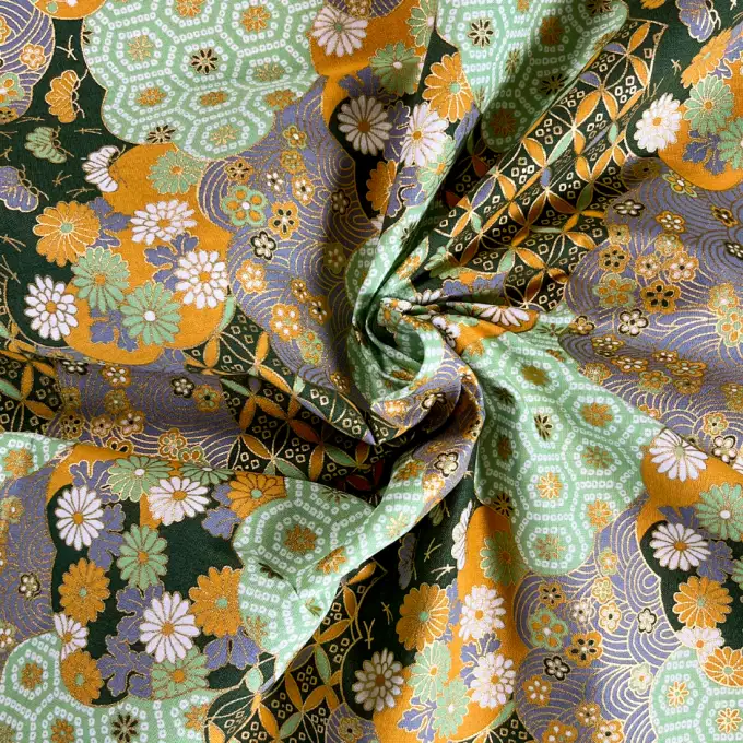 Tessuto giapponese multi fiori e geometrico verde - NAKA