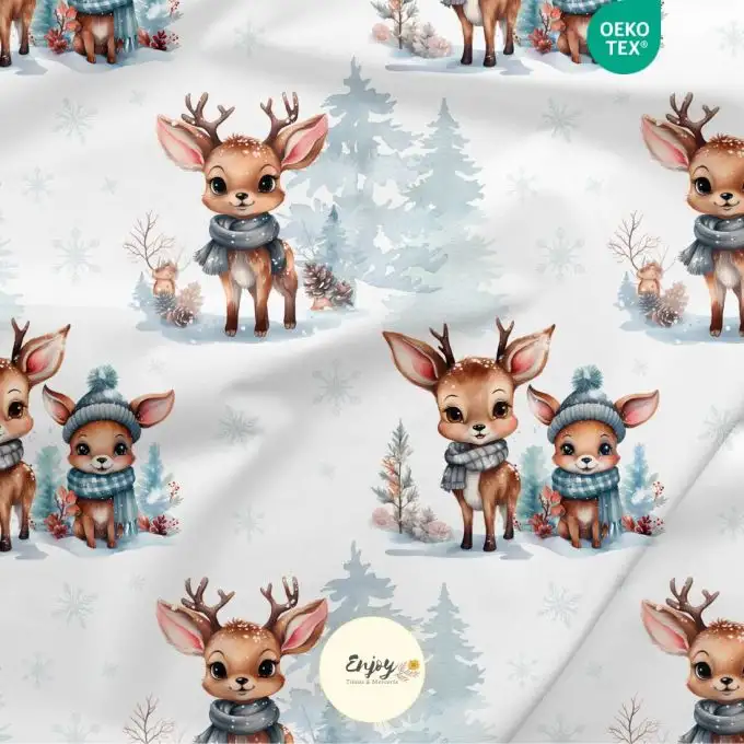 Jersey Tessuto Animali della Foresta Cervo Natale Blu venduto al metro