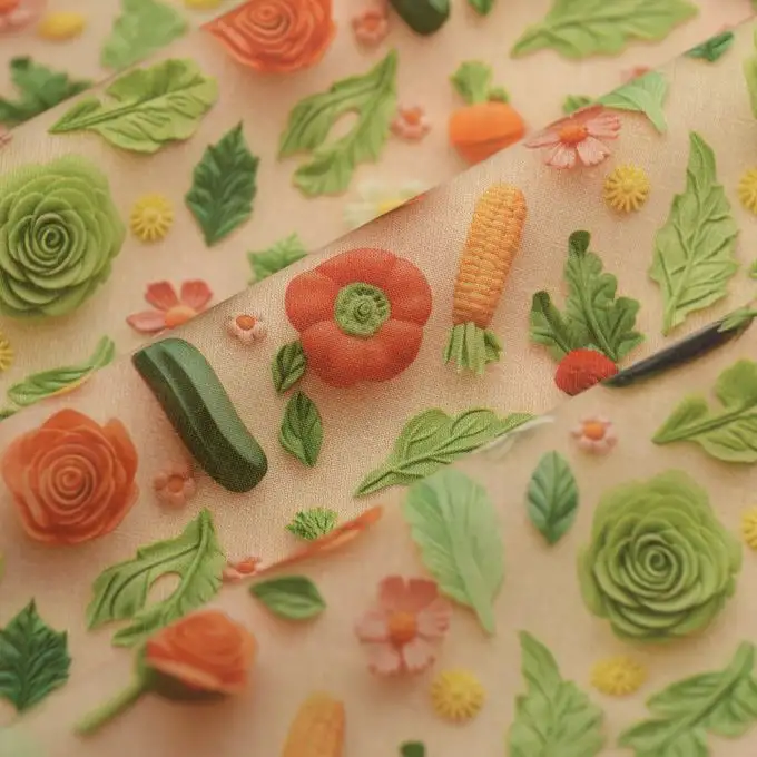 Tessuto cretonne 3D verdura multicolore