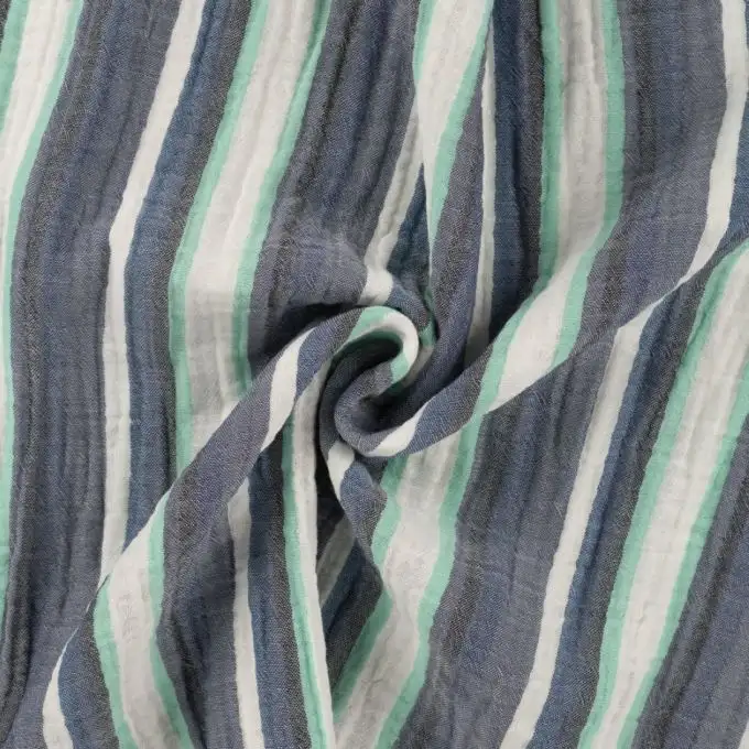 Tessuto doppio gaze stampato multirighe blu