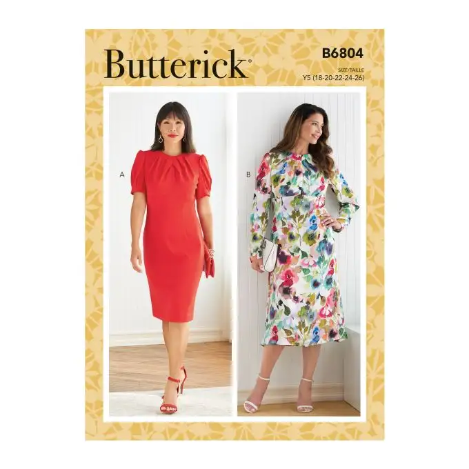 Patron Butterick 6804Y5 - Abito con inserto sul petto e maniche a sbuffo dalla taglia 46 alla 54