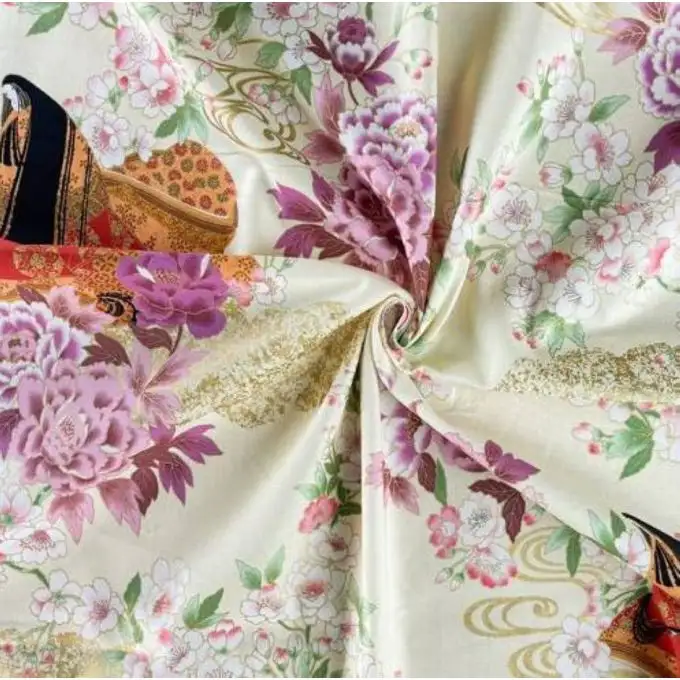 Tessuto giapponese morbido fiore beige e dorato - NAKA