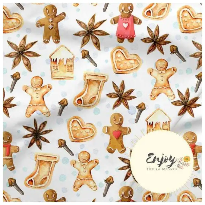 Tessuto French Terry Pan di Zenzero Natale beige venduto al metro