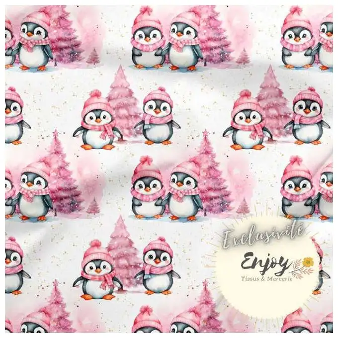 Tessuto French Terry Animali Ghiacciaio Pinguino rosa venduto al metro