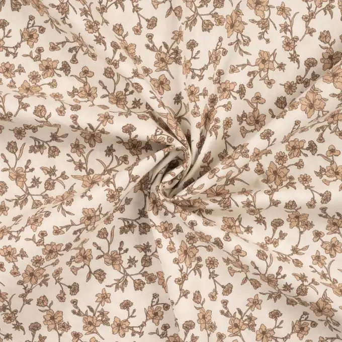 Tessuto popeline cotone stampato fiore indiano ecru