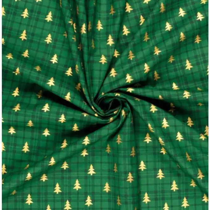 Tessuto cotone natalizio albero dorato sfondo tartan verde