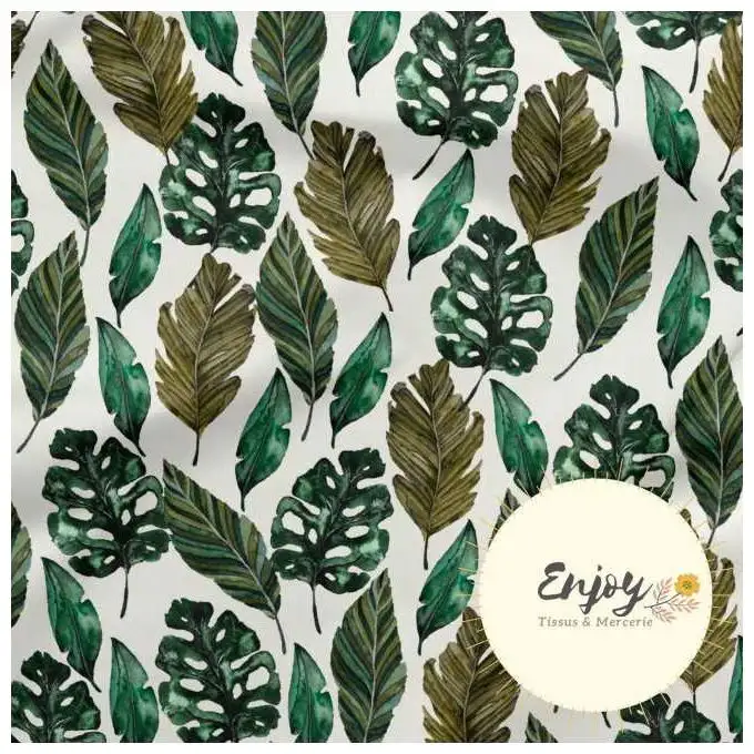 Tessuto French Terry Natura Savana Foglie Verdi venduto al metro