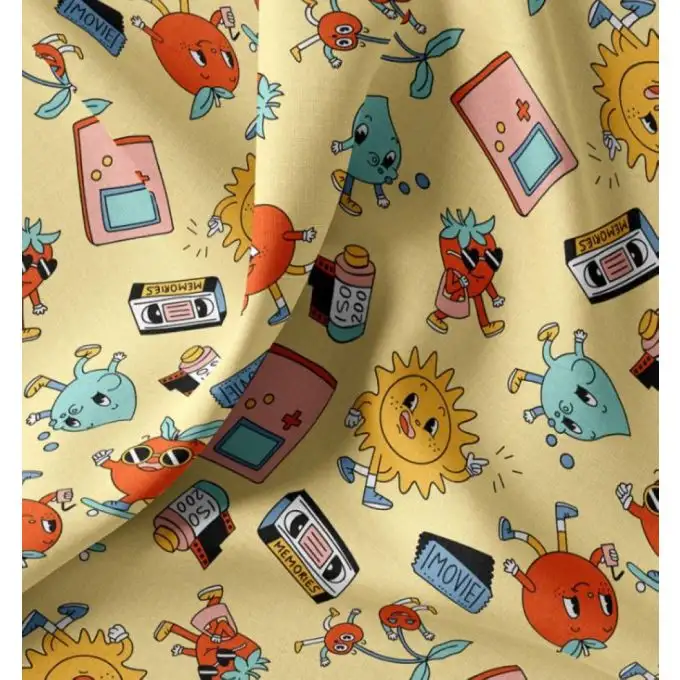 Tessuto cretonne stampato arcade divertente giallo