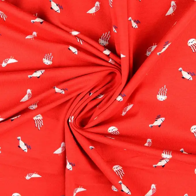 Maglia jersey cotone stampata mondo marino rosso