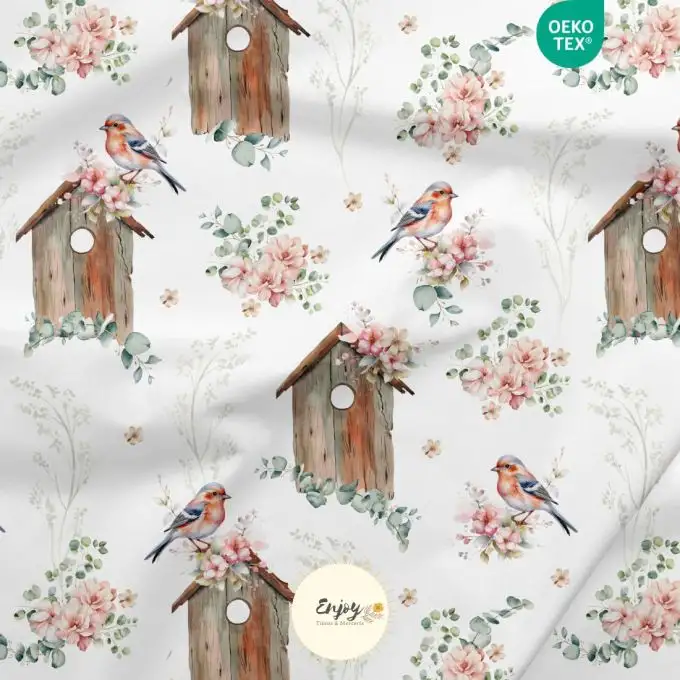 Tessuto 100% cotone premium Animali Uccelli Fiori rosa venduto al metro