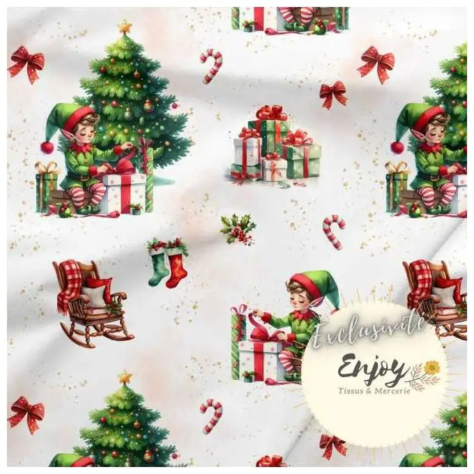 Tessuto Jersey Folletto Babbo Natale Natale Rosso Verde venduto al metro