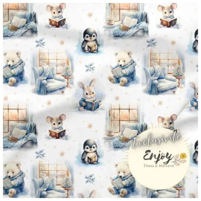 Tessuto French Terry Natale Inverno Animali Blu venduto al metro