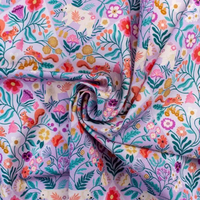 Tessuto popeline cotone lilla stampato animali fioriti Wild Folk - Dashwood