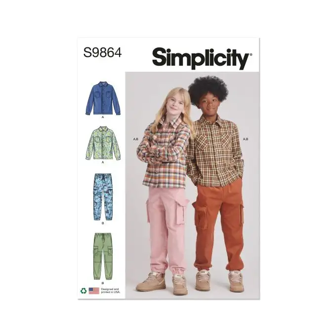 Cartamodello Simplicity S9864 Camicia e pantaloni cargo per ragazze e ragazzi 7 a 14 anni
