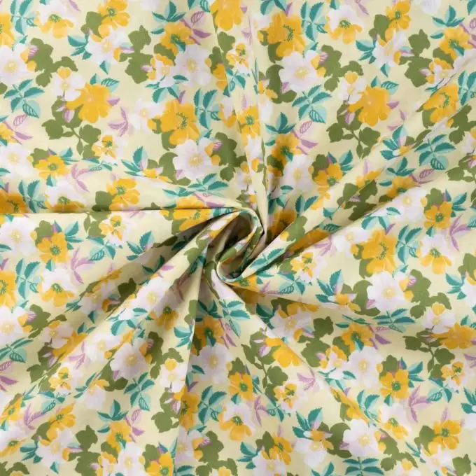 Tessuto popeline di cotone stampato bouquet di fiori giallo