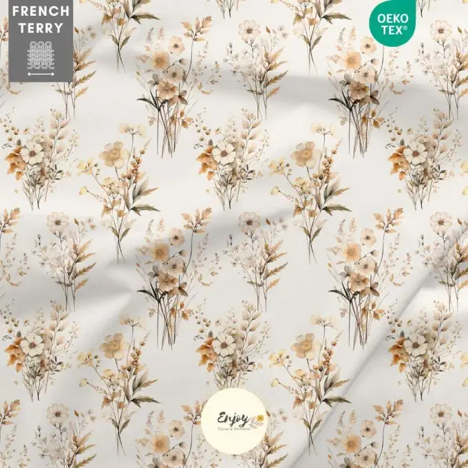 Tessuto french terry bouquet di fiori boho giallo venduto al metro