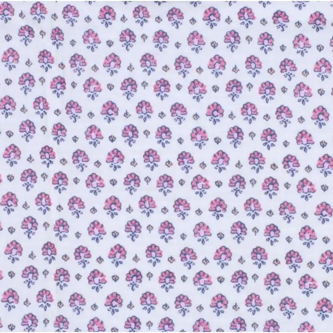 Tessuto in doppio garza biologico stampato fiori ispirazione blockprint rosa