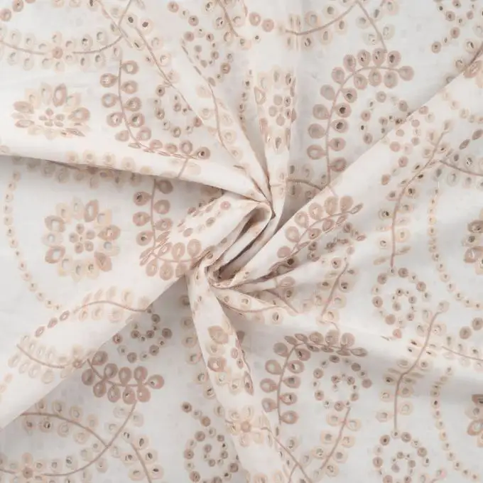 Tessuto cotone ricamato paisley ecru