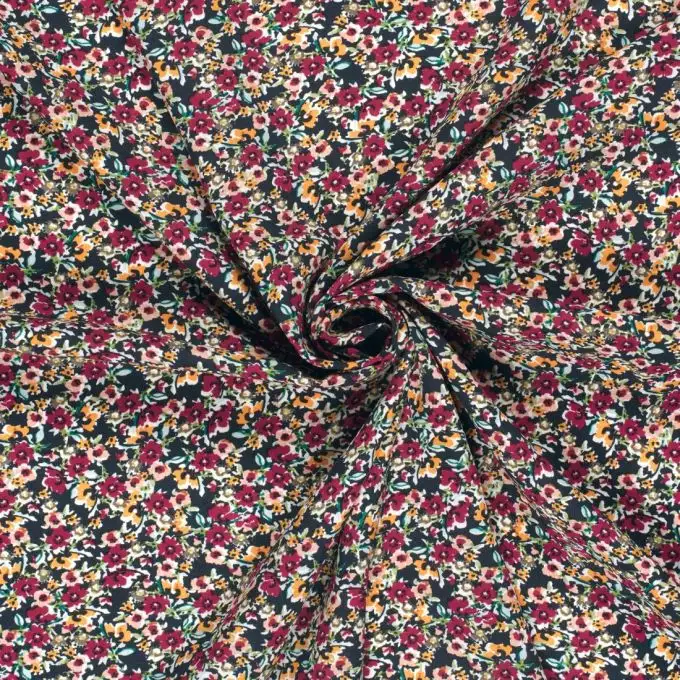 Tessuto popeline viscosa fiori in festa blu navy