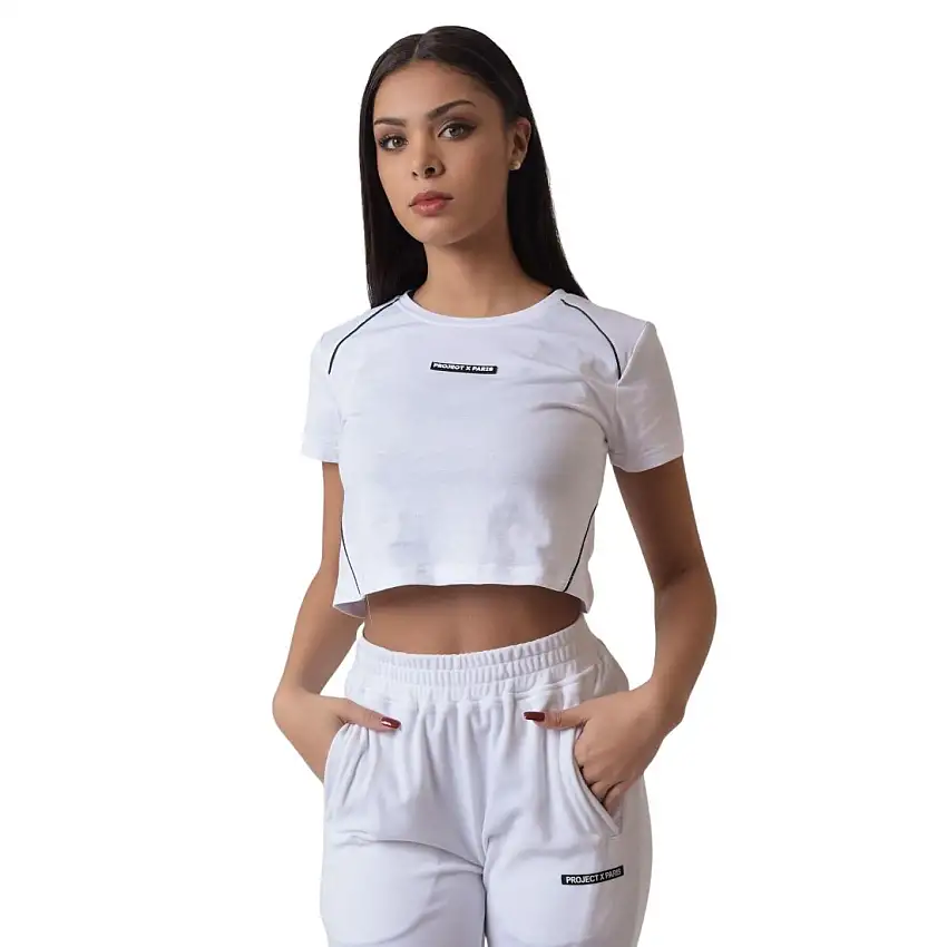 T-shirt crop da donna con profili a contrasto e logo in silicone Project X Paris