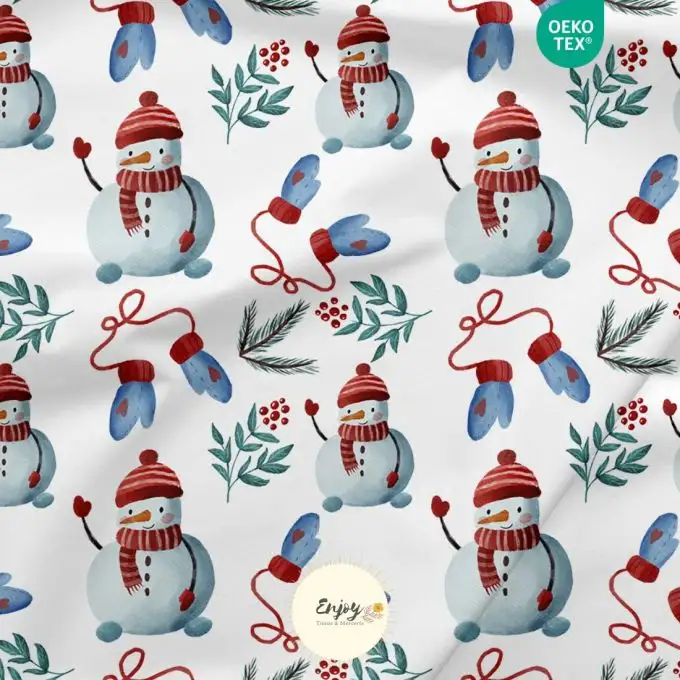 Tessuto 100% cotone premium Natale Pupazzo di Neve bianco rosso venduto al metro