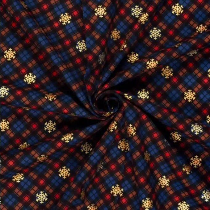 Tessuto flanella cotone Natale tartan blu e rosso fiocco dorato