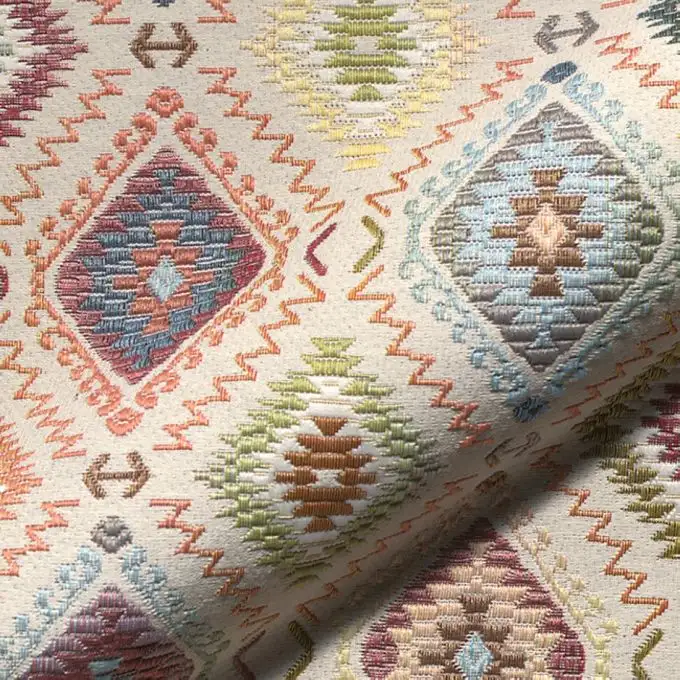 Tessuto jacquard arazzo indiano ecru motivi rombo Kelim multicolore