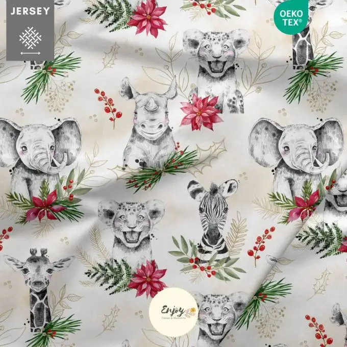 Jersey in cotone Animali della Savana Natale rosso venduto al metro