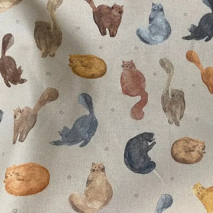 Tessuto cotone stampato digitale gatti acquerellati beige