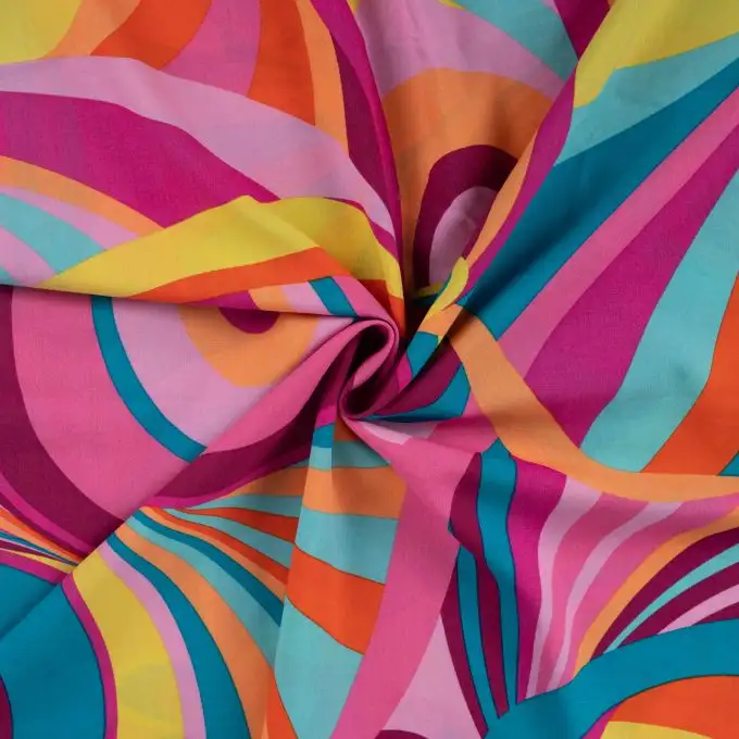 Tessuto voile cotone stampato grafico retrò rosa