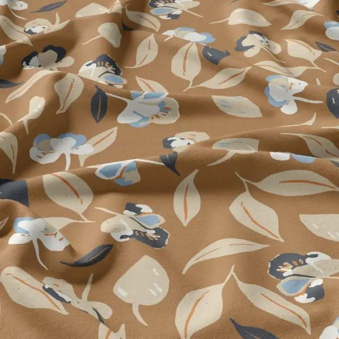 Tessuto viscosa stampato foglie fiorite marrone