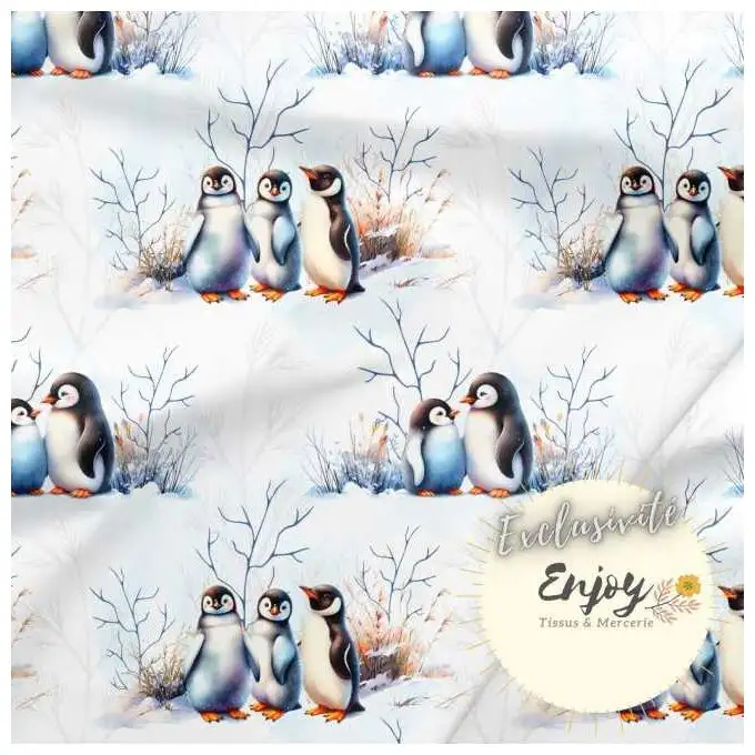 Tessuto Jersey Animali del Polo Pinguino Bianco venduto al metro