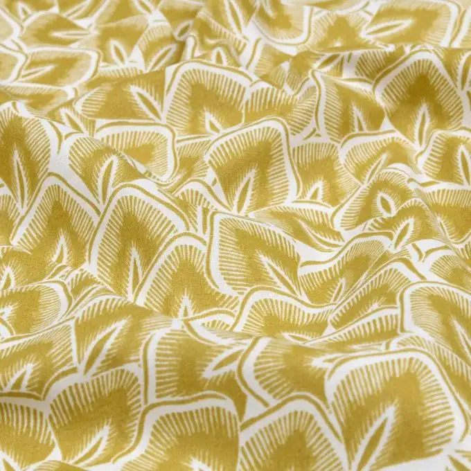 Tessuto cotone spesso rivestito stampato mini fogliame senape