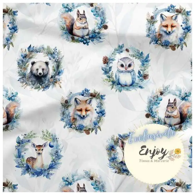 Tessuto Jersey Animali della Foresta Blu venduto al metro