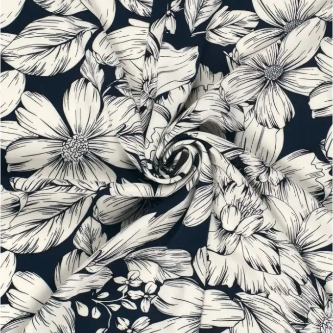 Tessuto crepe poliestere pesante elastan fiore trattamento ecru marino
